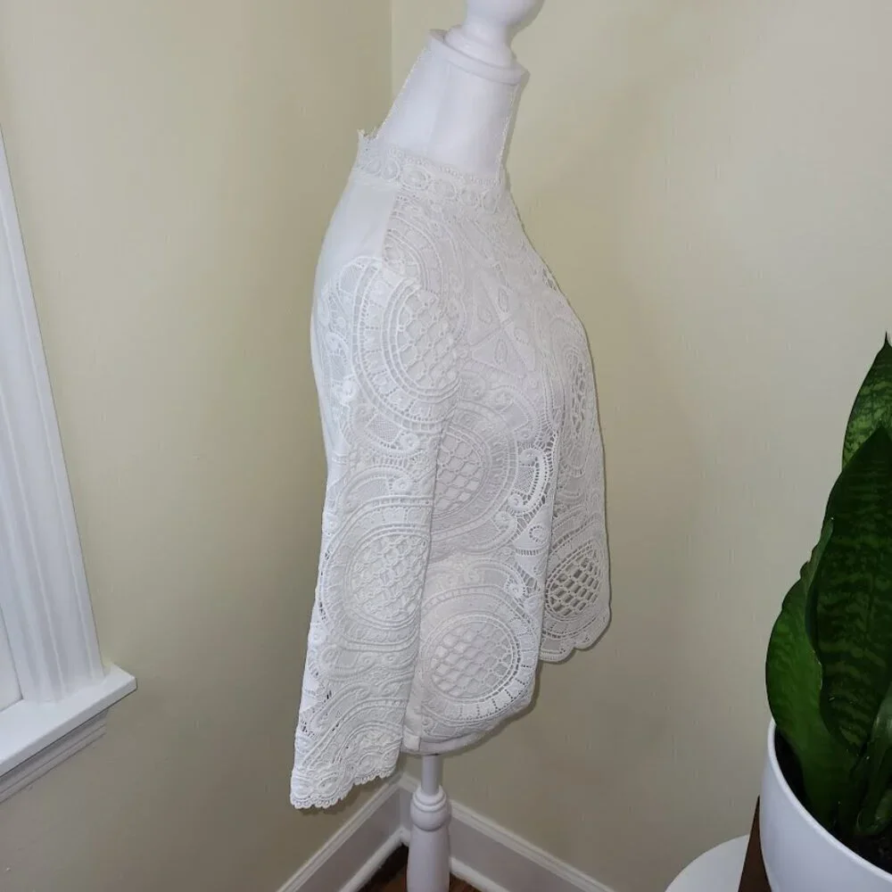 Anthropologie James Coviello Medallion Lace Front  Mock Neck Ivory Blouse SZ SP - Picture 7 of 12